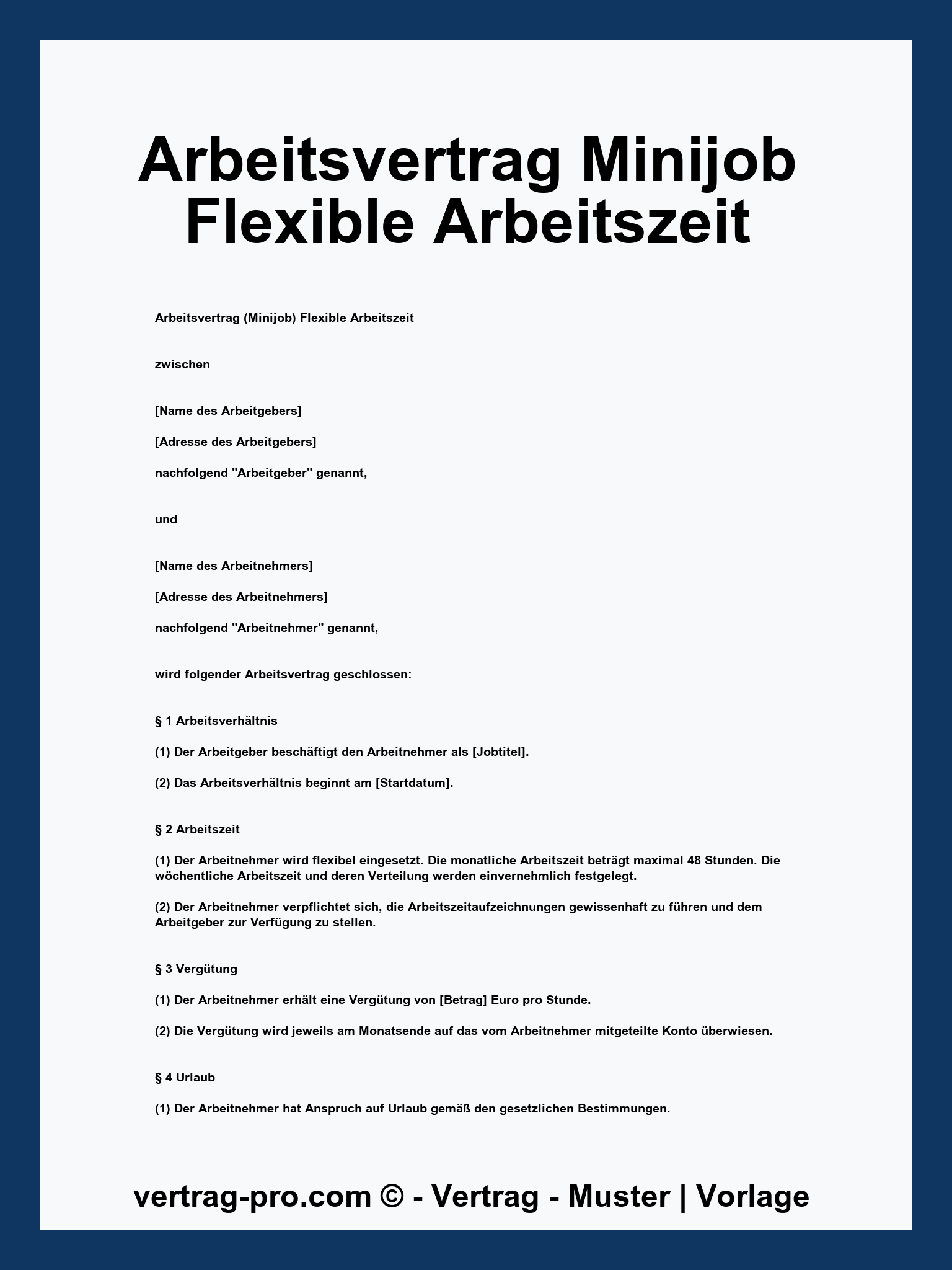 Muster Arbeitsvertrag Minijob Flexible Arbeitszeit