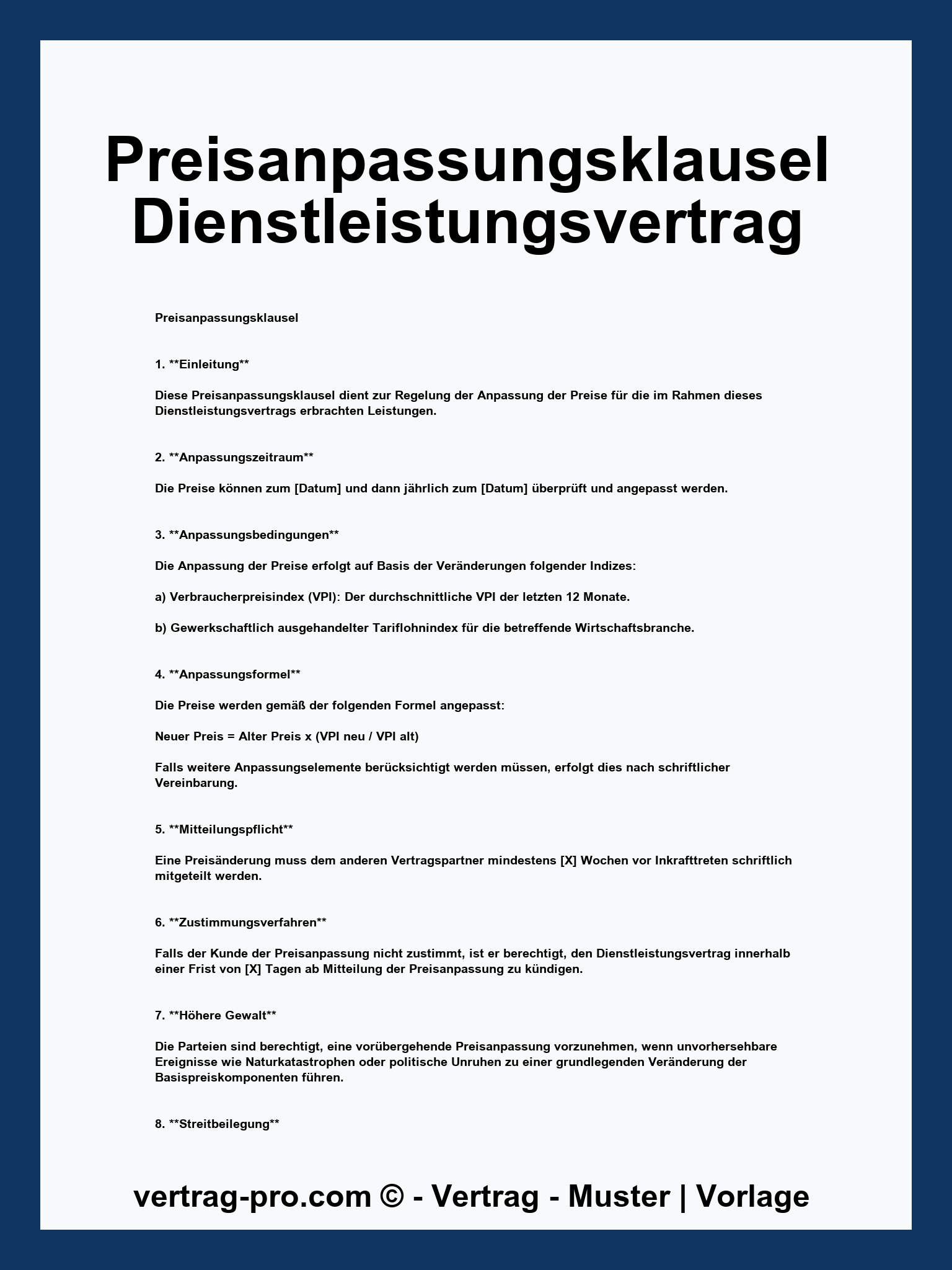 Preisanpassungsklausel Dienstleistungsvertrag Muster