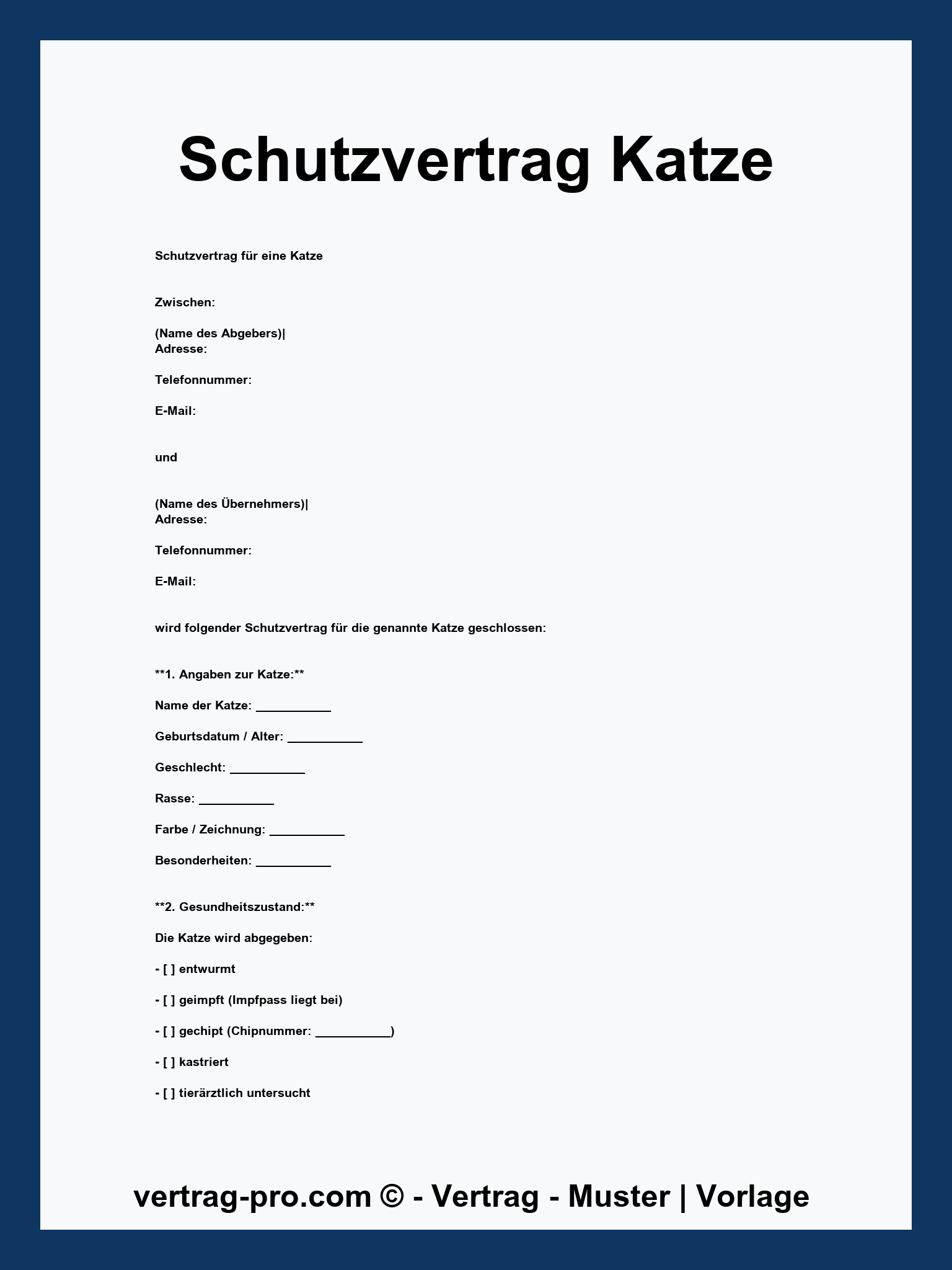 Schutzvertrag Katze Vorlage - WORD