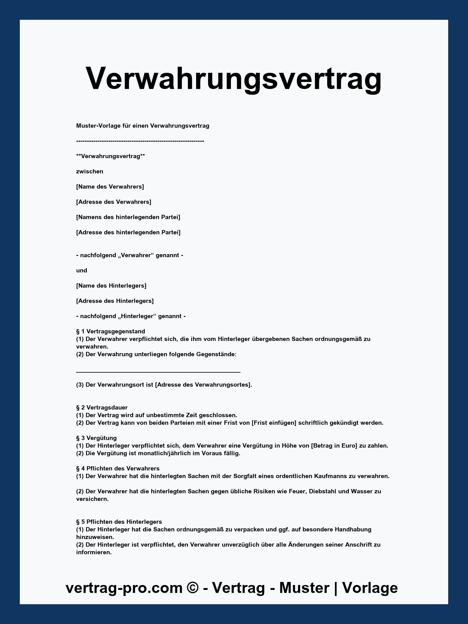 Verwahrungsvertrag Muster Kostenlos