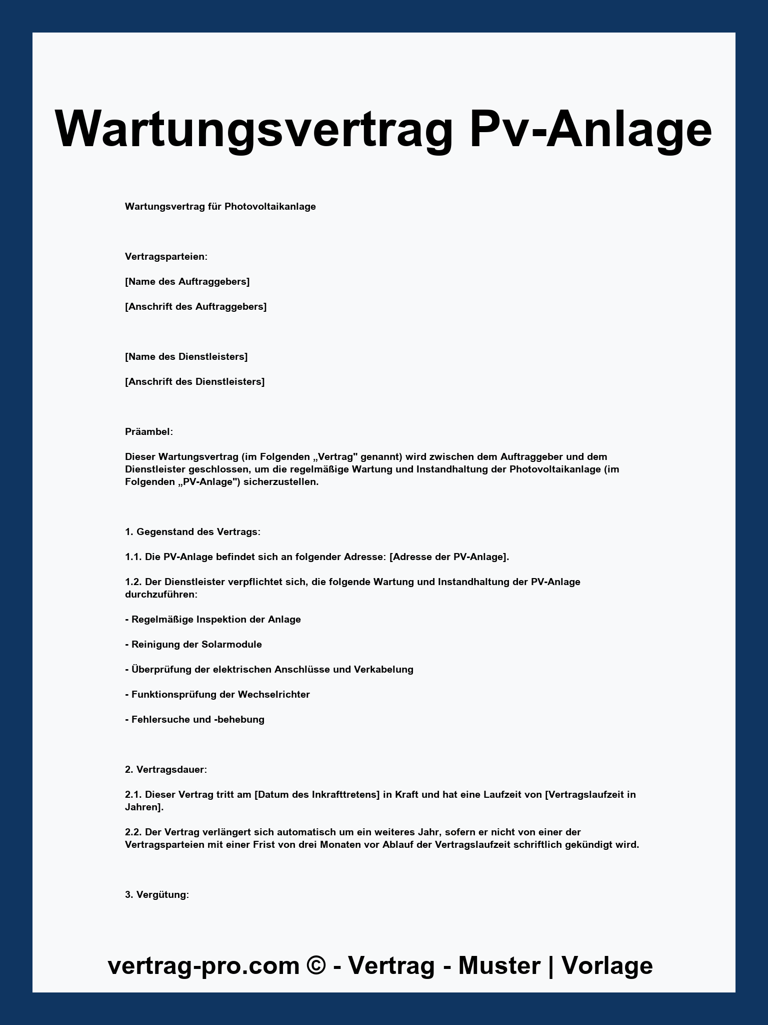 Wartungsvertrag Pv-Anlage Muster
